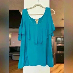 Miss Tina Teal Cold Shoulder Top
